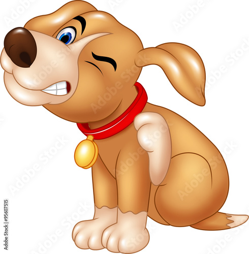 Cartoon puppy scratching an itch isolated on white background
