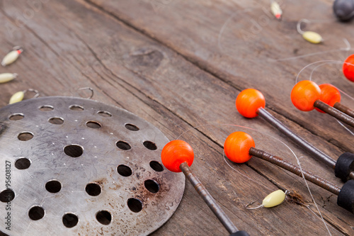 closeup ice fishing tackles and equipment photo