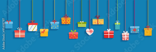 Background with hanging gift boxes photo