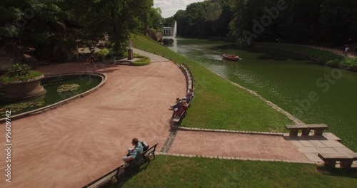 Aerial filming in picturesque and romantic dendrological park photo