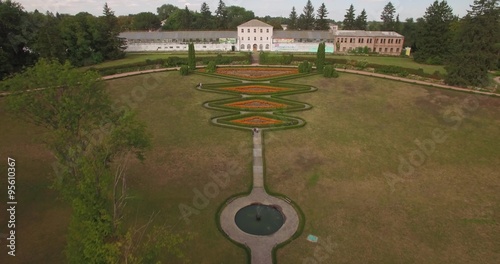 Aerial filming in picturesque and romantic dendrological park photo