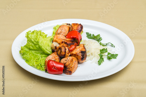Dish of grilled meat and vegetables