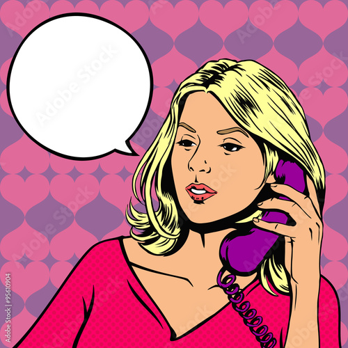 Girl talking on the phone. Vector illustration in retro pop-art style with empty speech bubbles