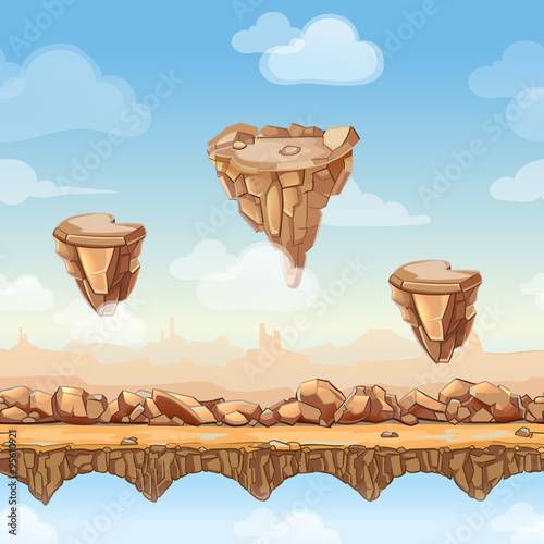 Seamless cartoon nature landscape with stones, rocks and bridges for game design. Vector illustration in separate layers