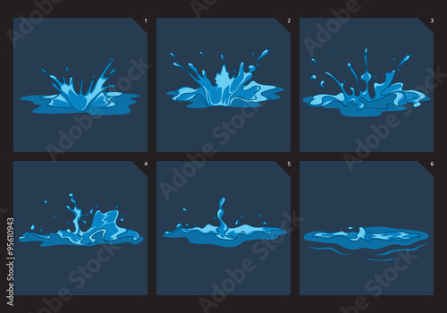 Blue water splashes vector frame set for game animation