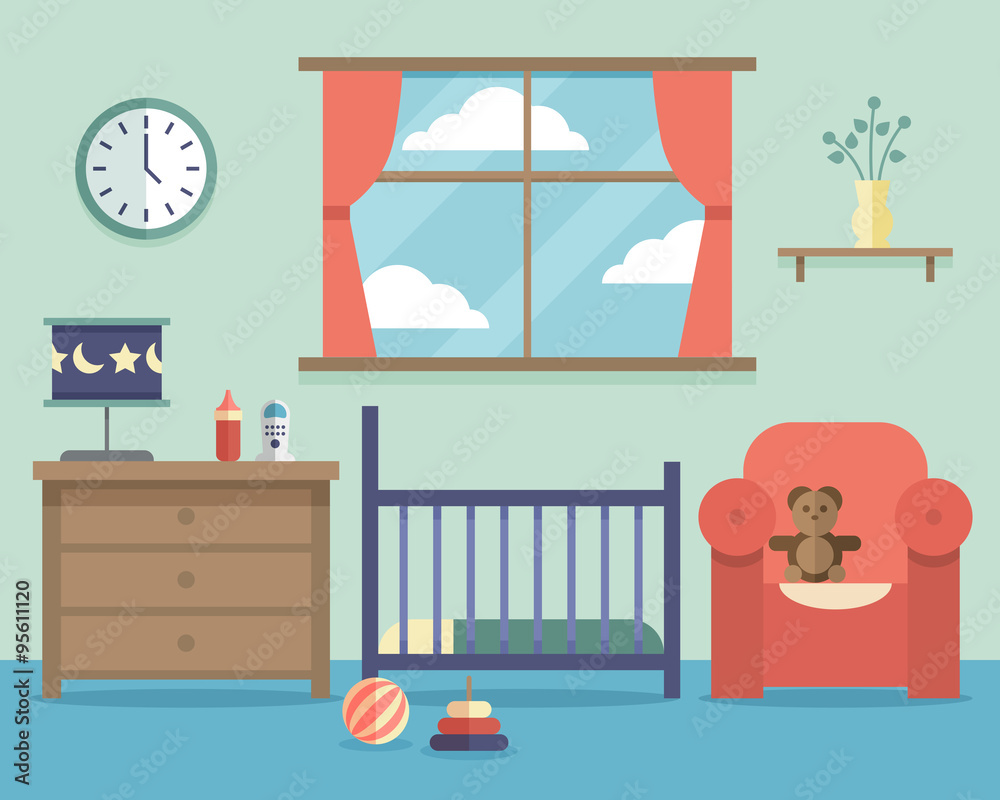 Obraz premium Nursery baby room interior with furniture in flat style