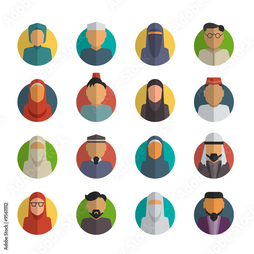 Middle eastern people flat icons set. Muslim male and female faces avatars vector collection