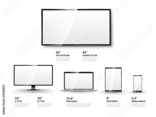 Realistic TV screen, Lcd monitor, laptop, tablet, mobile phone vector templates set