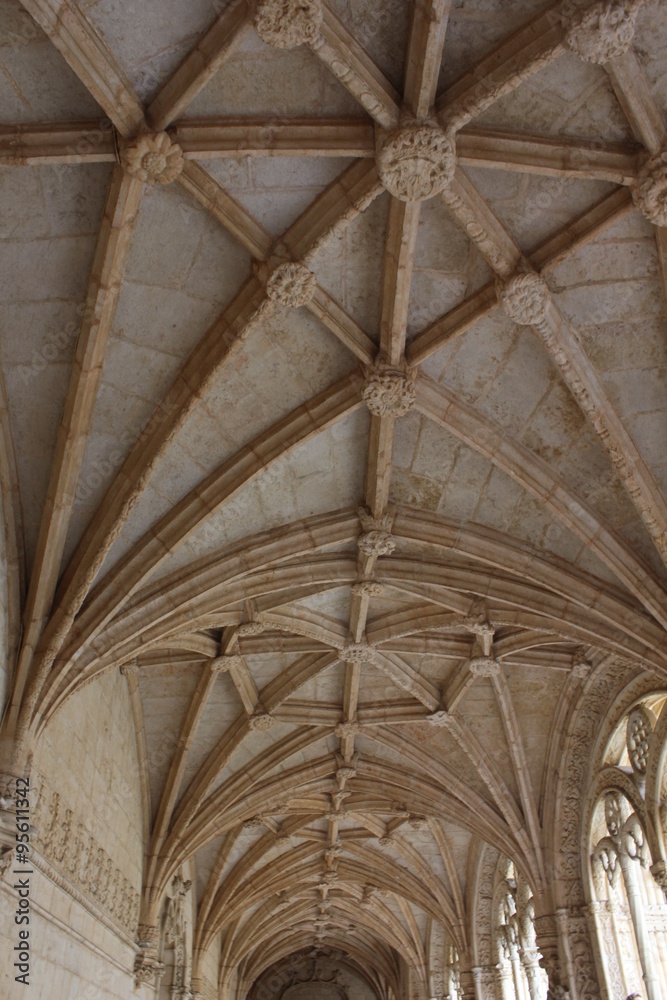 Architectural detail of the vaulted ceiling of Jeronimos Monastery in Lisbon, Portugal