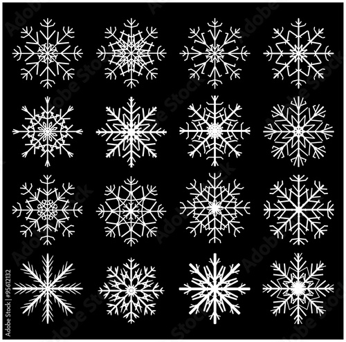 Snowflake silhouette icon, symbol, design set. Winter, christmas vector illustration isolated on black background.