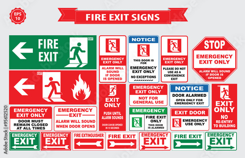 Set of emergency exit Sign (fire exit, emergency exit, fire assembly point, door must remain closed, alarm will sound, emergency exit only, no re-entry to building, push until alarm sound).