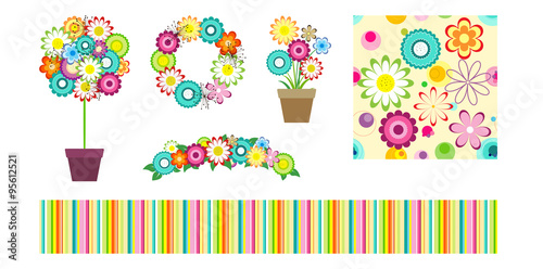 Set of flowers design elements for greeting cards and labels. Colorful floral bouquet  vase  wreath and ikebana. Seamless strips and flowers patterns. Childish design elements.