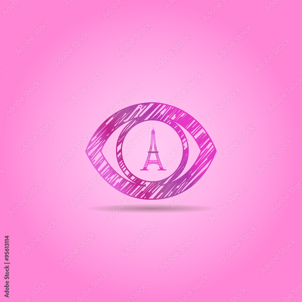 Tower of Paris and painted eyes on a pink background