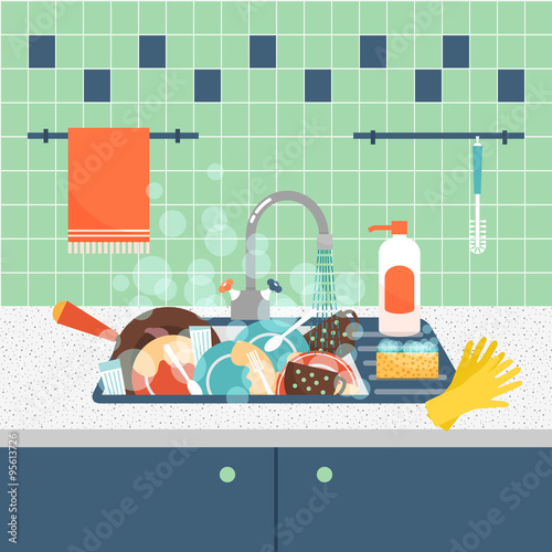 Kitchen sink with dirty kitchenware and dishes. Vector illustration