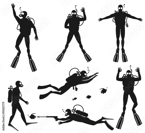 Scuba diver silhouettes. Diving silhouettes on white background