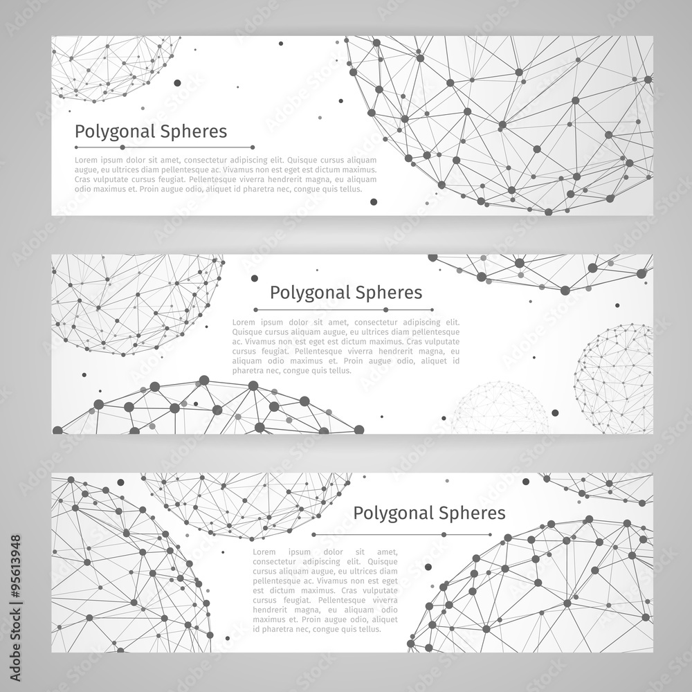 Vector banners set with wireframe mesh polygonal spheres