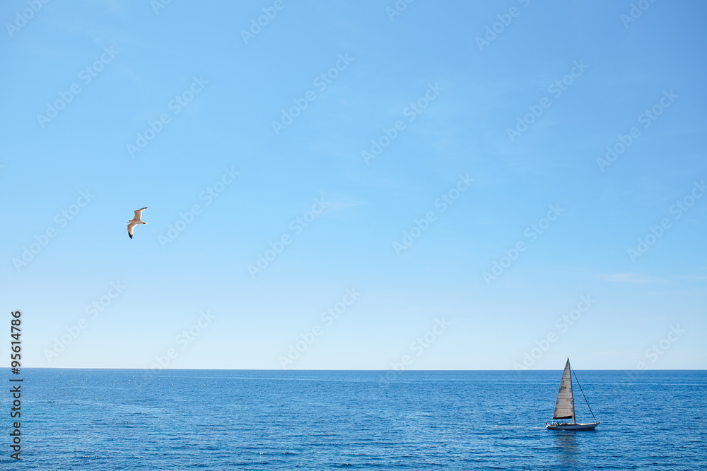 Minimal seascape. Sea. Sky. Bird. Yacht. Calm sea. Minimal seascape. Sea. Sky. Bird. Yacht. Calm sea.