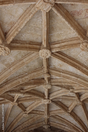 Architectural close up of the vaulted ceiling of Jeronimos Monastery in Lisbon, Portugal