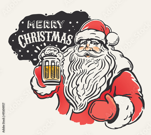 Jolly Santa Claus with a beer mug in hand. Merry Christmas!
