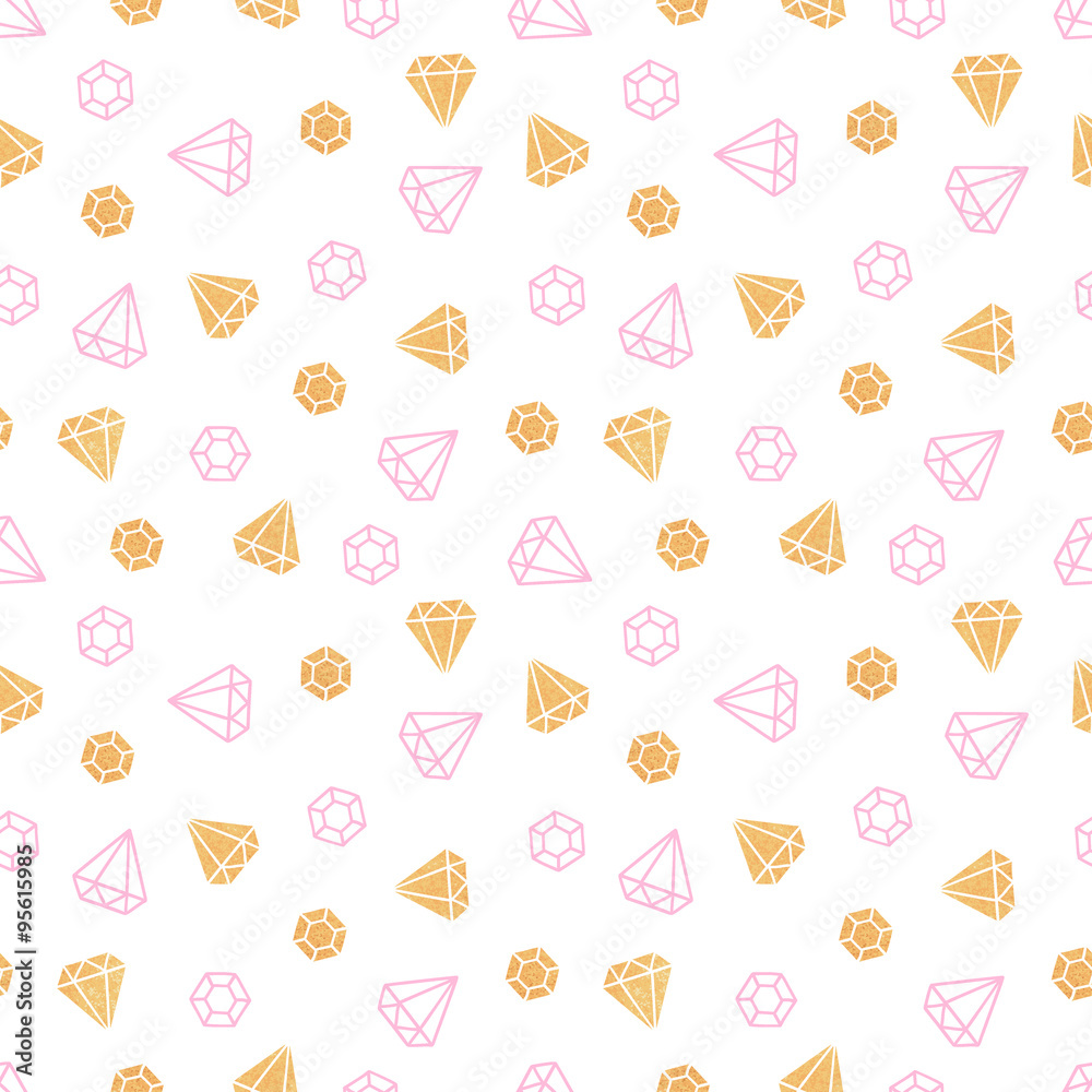 Diamonds on white background. Cute seamless pattern. Gold textur