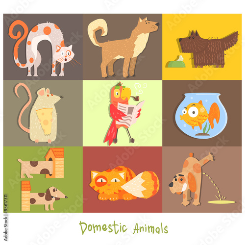 Pets, Cats, Dogs and their Actions, Emotions. Vector Set