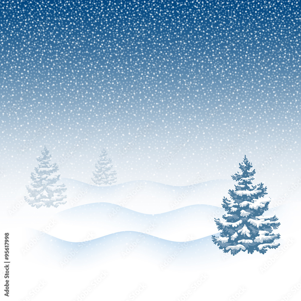 Winter Background. Christmas Winter Landscape in snowfall with snowbound fir trees. Vector illustration. 