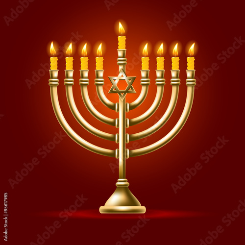 Elegant greeting card for Happy Hanukkah, jewish holiday. Hanukkah golden menorah with burning candles on red background. Vector illustration.