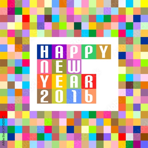 New Year Greetings for 2016 of colored squares in a row with the words Happy New Year 2016 in the middle of colored squares on a white background