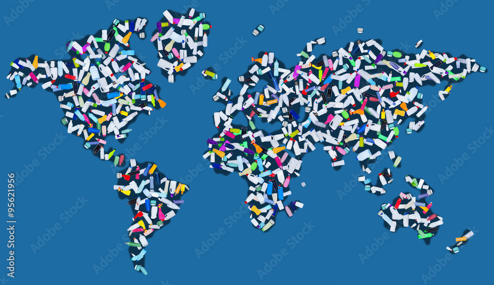 Fototapeta premium Polluting the world - continents covered with scattered plastic