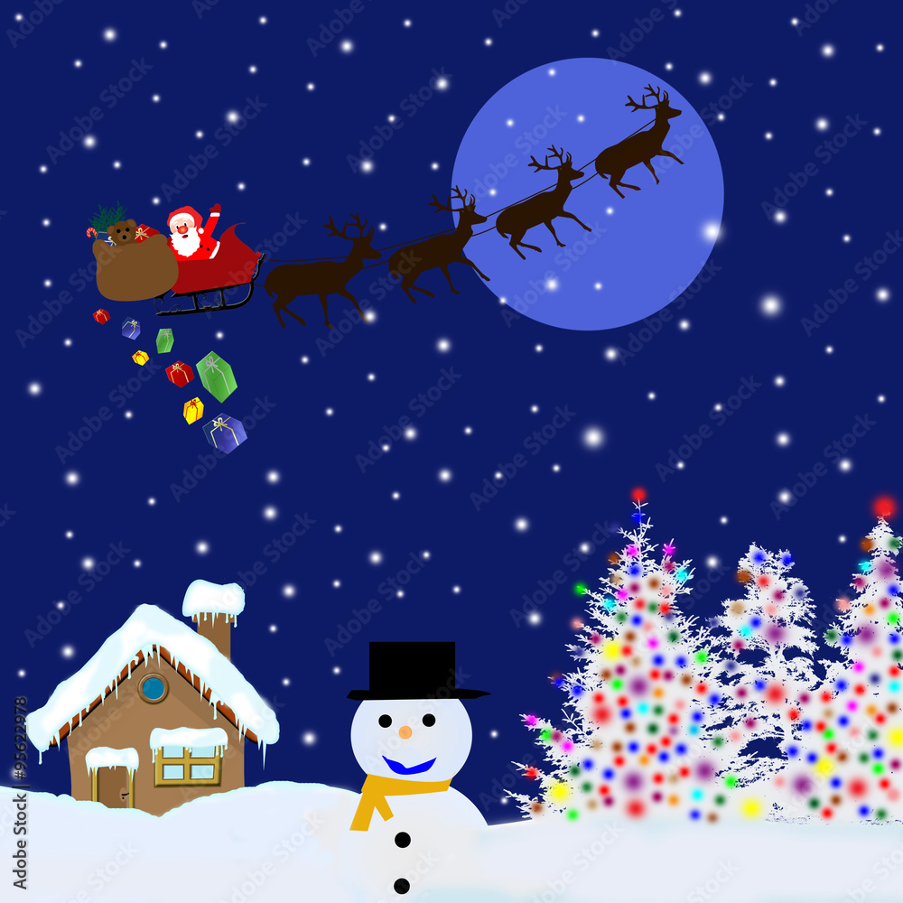 Naklejka premium Santa Claus on sledge delivering Christmas gifts