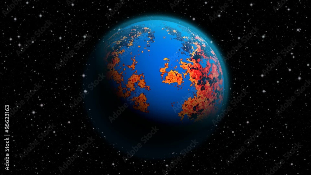 Animated abstract future Earth with blue atmosphere and burning
