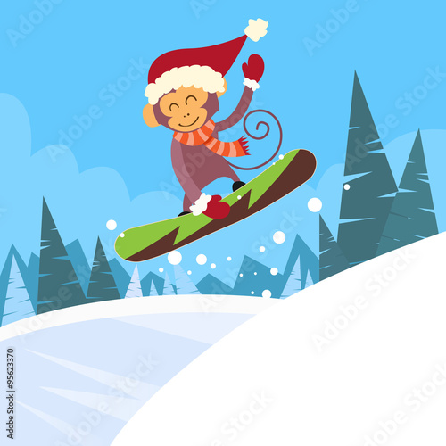 Monkey Snowboarder Sliding Down Hill, Winter Banner Snowboarding