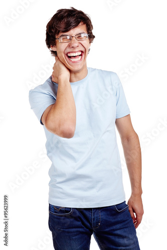 Laughing guy with hand on neck