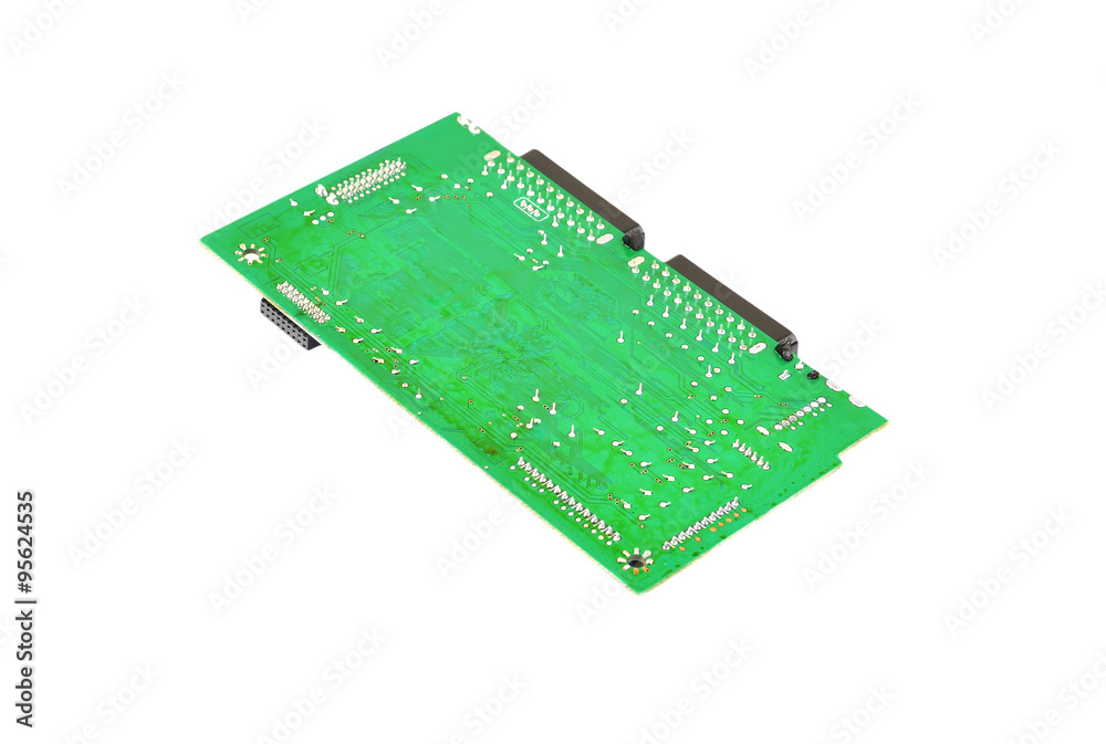 Printed green circuit board, isolated on white background Printed green circuit board, isolated on white background