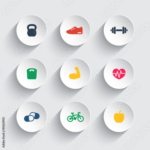 Fitness icons on round 3d shapes, vector illustration