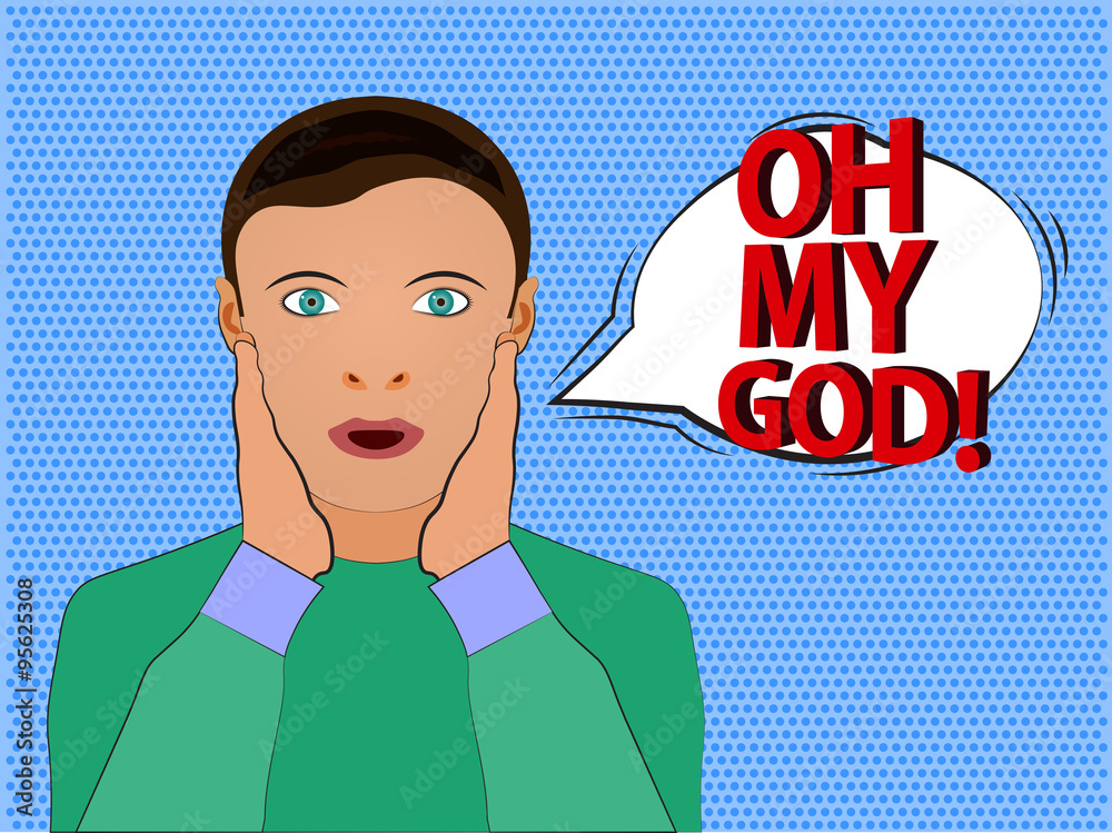 Oh my God bubble pop art, surprised man on dotted background Stock