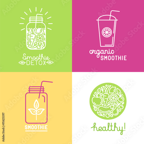 Vector set of logo design elements in trendy linear style - detox smoothie, organic juice and healthy food