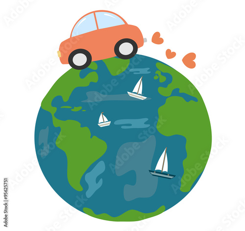 car driving around earth with love cute funny cartoon vector illustration