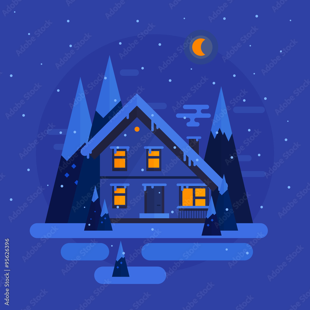 Vector flat design. Winter night with snow, trees, house. illustration
