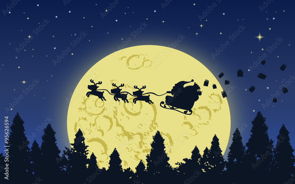 Santa and Reindeer on Big moon sky