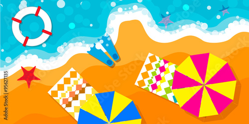 Summer vacation, time to travel, beach rest: sun, sea, waves, sand, umbrella, towel, starfish, lifebuoy. Vector background and objects illustrations.
