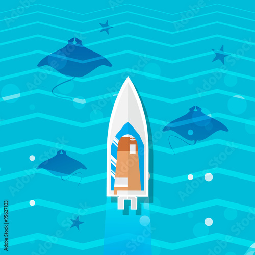 Ocean underwater life - devil fish ray family with top view yacht. Summer vacation, time to travel, holidays and tourism . Vector illustration