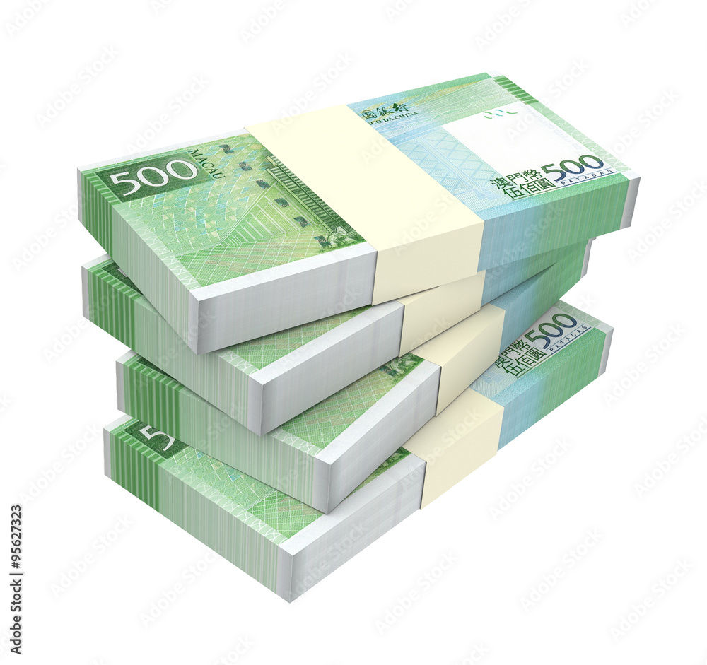 Macanese pataca bills isolated on white background. Computer generated 3D photo rendering. Macanese pataca bills isolated on white background. Computer generated 3D photo rendering.