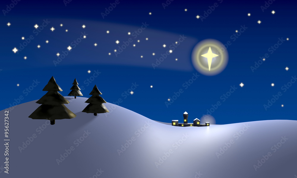 Fototapeta premium Christmas scene with the star of Bethlehem shining above the place where the baby Jesus Christ was