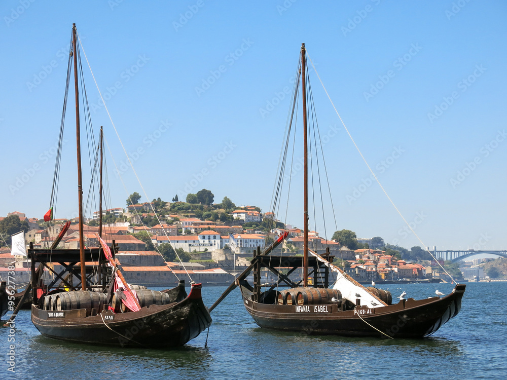 Rabelo boats used for transport Port wine from Douro Valley to Porto, Portugal