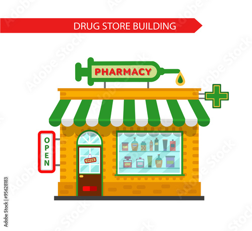 Vector flat style illustration of pharmacy drugstore building. Signboard with big syringe. Pharmacy vitrine with tablets, pills and potions. Isolated on white background.