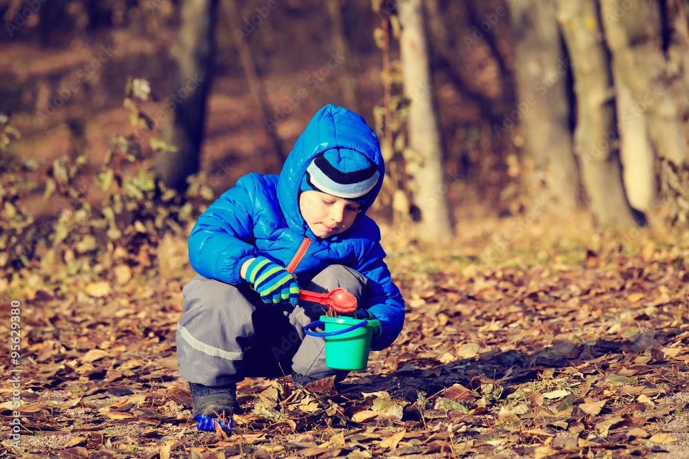 little boy playing with toys in autumn park little boy playing with toys in autumn park
