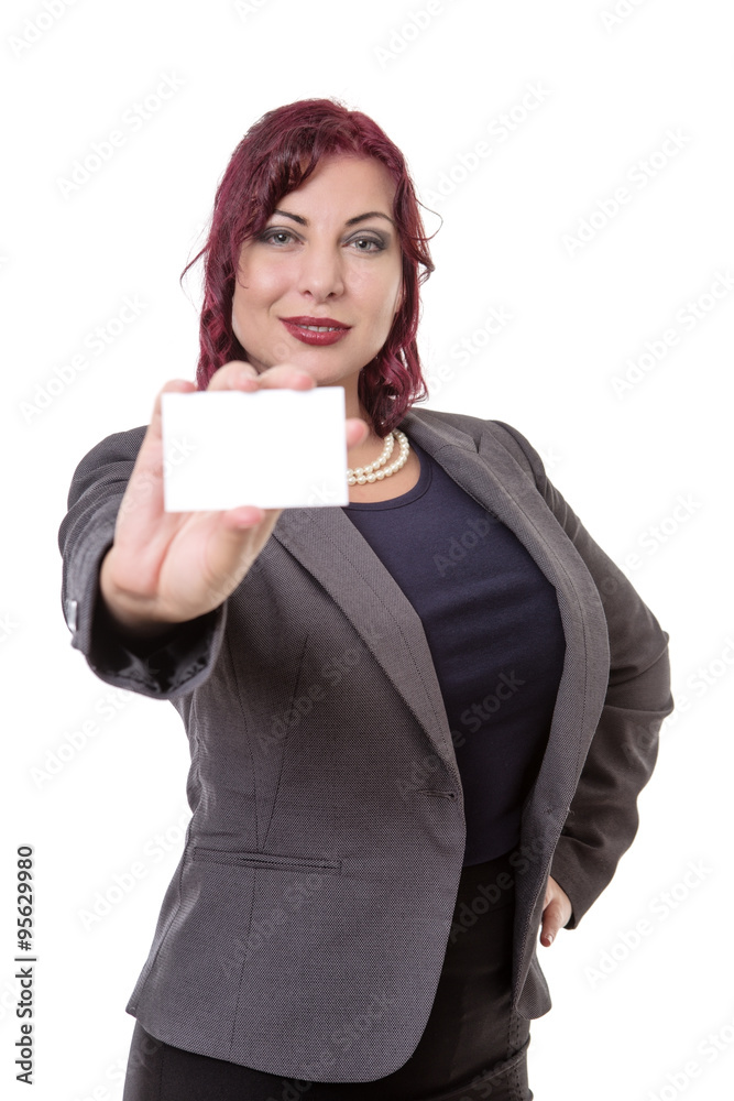 Business woman holding a blank business card. Business woman holding a blank business card.