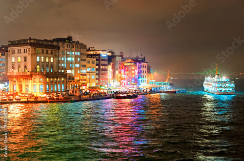 Photography Night view of Galata quarter on Bosporus in Istanbul, Turkey