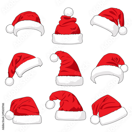 Set of red Santa Claus hats isolated on white background vector illustration